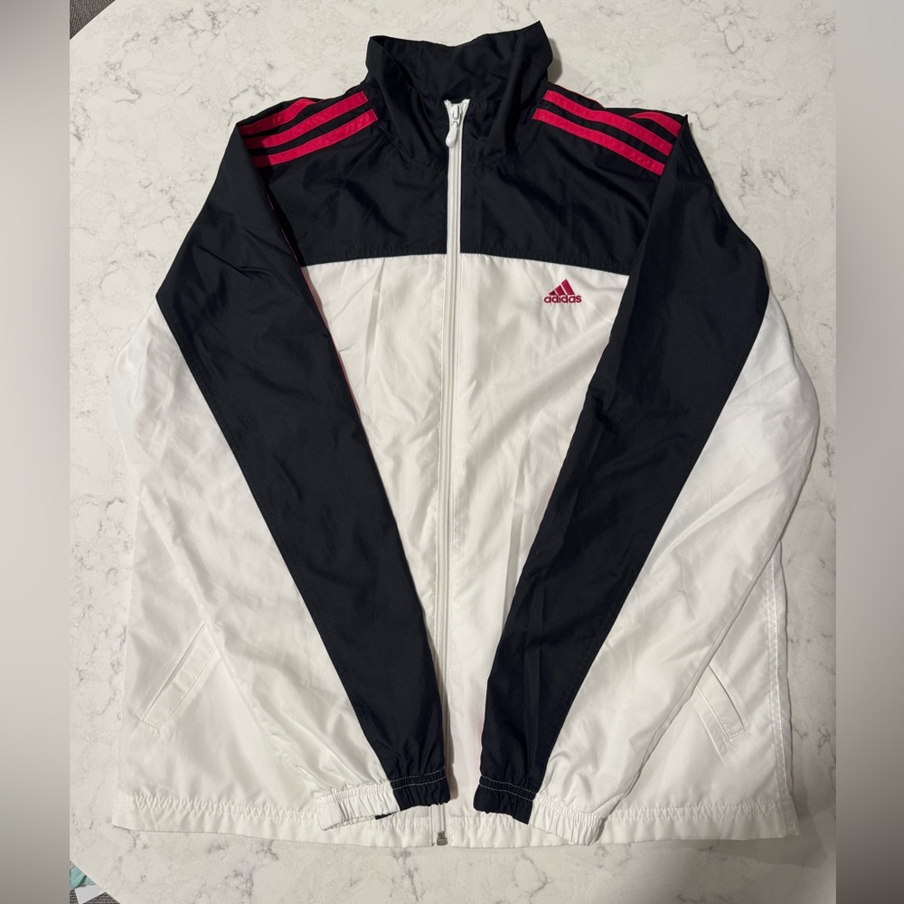 Adidas Black and White Track Jacket with Dark Red Accents